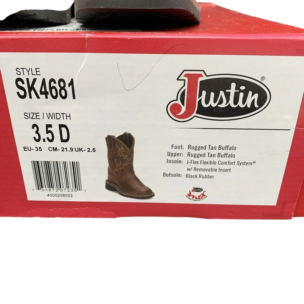 Justin Western‎ Boots Kids Brown Leather Cowboy J-Flex Comfort 3.5 D SK4681